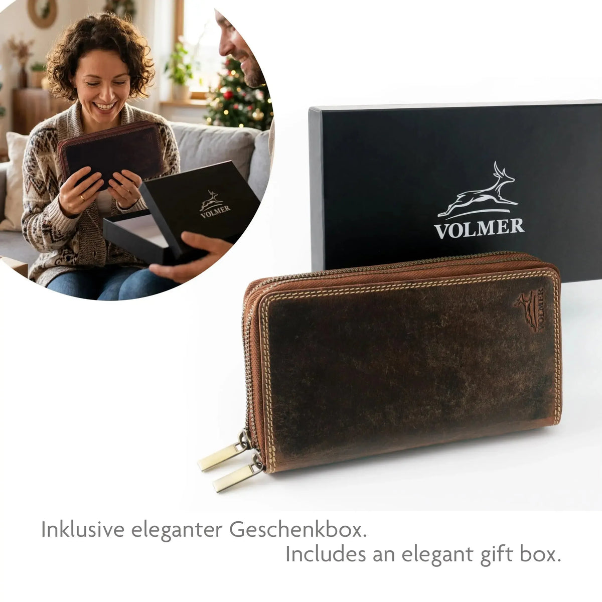 Cartera XXL para mujer – doble cremallera – protección RFID – piel auténtica