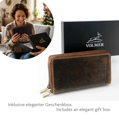 Cartera XXL para mujer – doble cremallera – protección RFID – piel auténtica