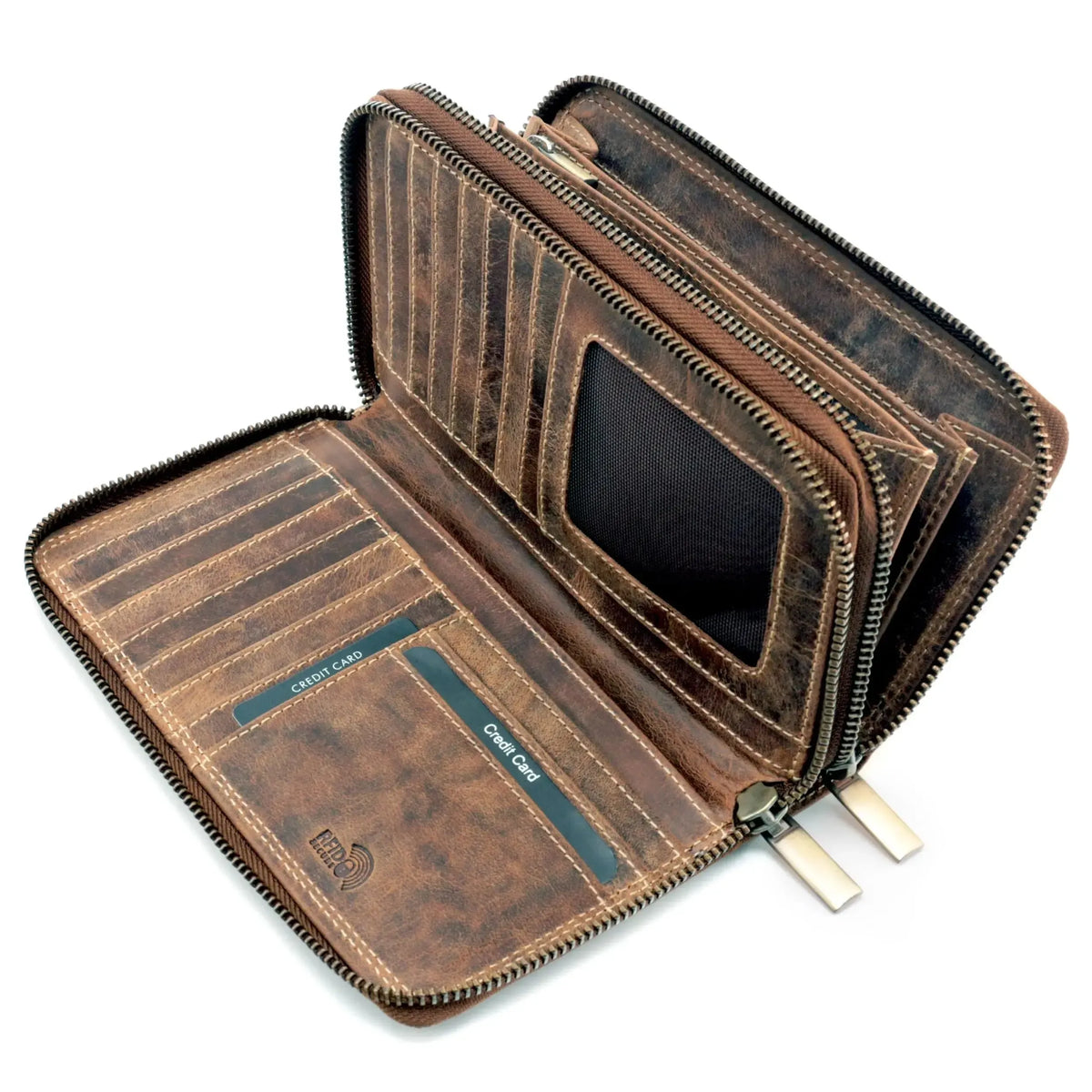 Cartera XXL para mujer – doble cremallera – protección RFID – piel auténtica
