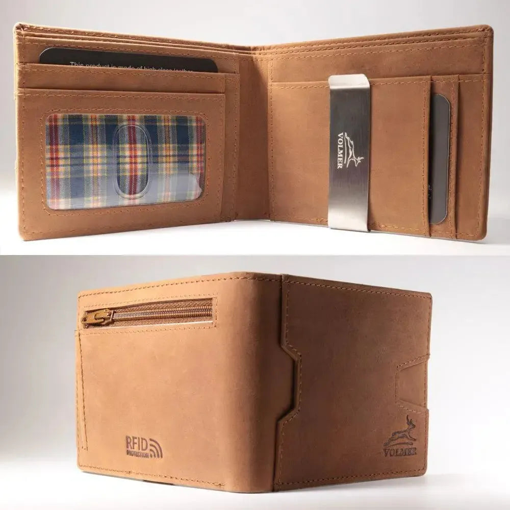 Leder Geldbörse Herren mit RFID-Schutz und Geldklammer - 1 Außenfach für Zugangskarte - 9 Fächer für Kreditkarten | VO25C