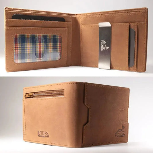 Leder Geldbörse Herren mit RFID-Schutz und Geldklammer - 1 Außenfach für Zugangskarte - 9 Fächer für Kreditkarten | VO25C