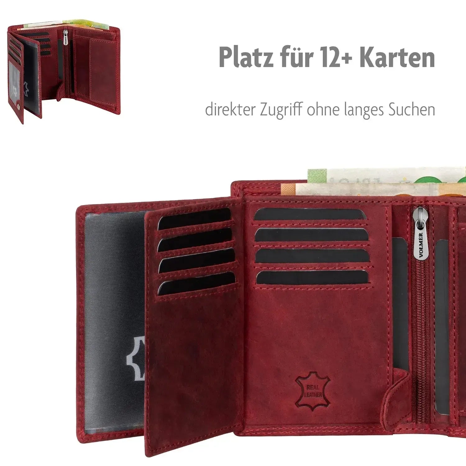 Leder Geldbörse Herren mit RFID-Schutz - extra-stabile Doppelnaht - 15 Fächer für Kreditkarten - Hochformat | VO2
