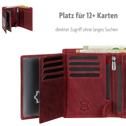 Leder Geldbörse Herren mit RFID-Schutz - extra-stabile Doppelnaht - 15 Fächer für Kreditkarten - Hochformat | VO2
