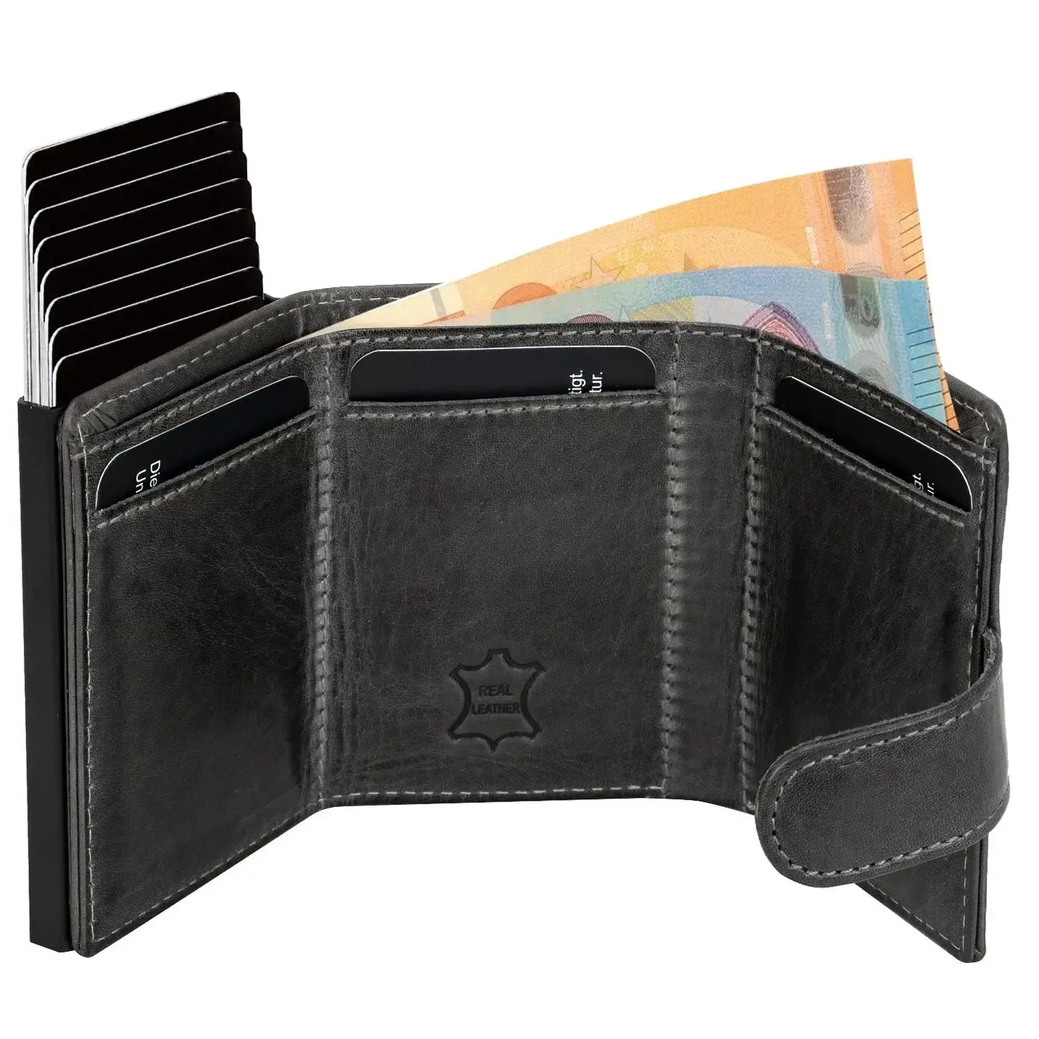 POP-UP Kartenetui mit Münzfach aus Leder – Platz für 11 Karten – Scheinfach – RFID-Schutz | VO31