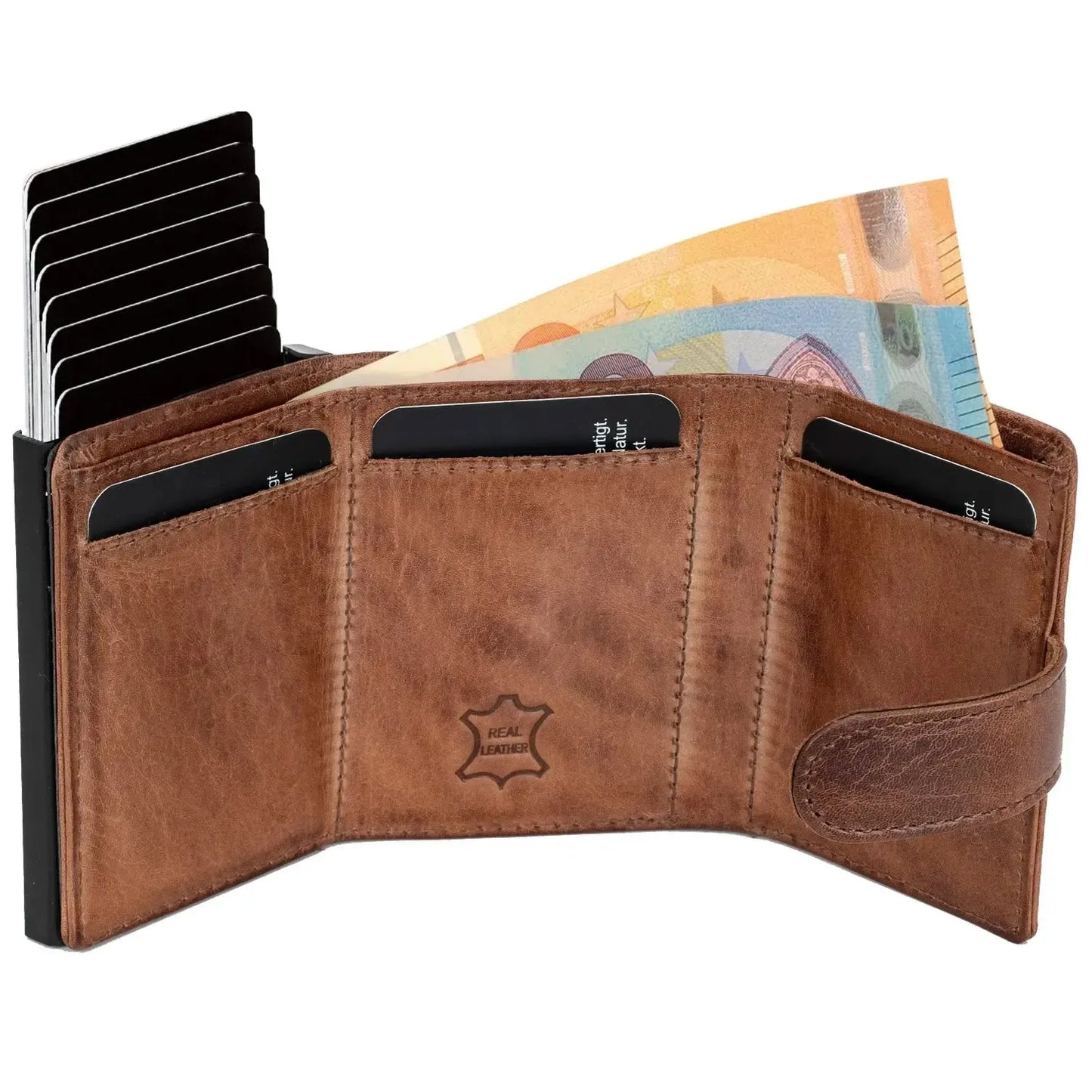 POP-UP Kartenetui mit Münzfach aus Leder – Platz für 11 Karten – Scheinfach – RFID-Schutz | VO31