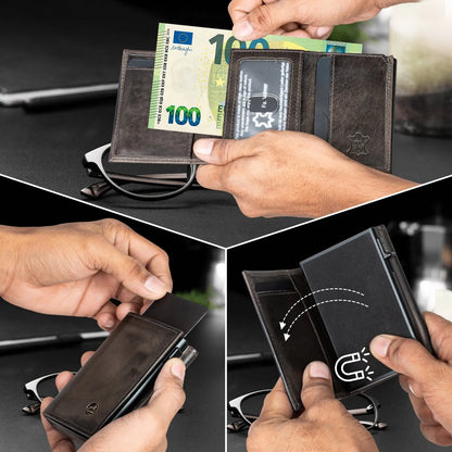 Fa.Volmer ® POP-UP Kartenetui mit Münzfach aus Echtleder für Herren & Damen | 11 Karten | RFID Schutz | Geldbörse