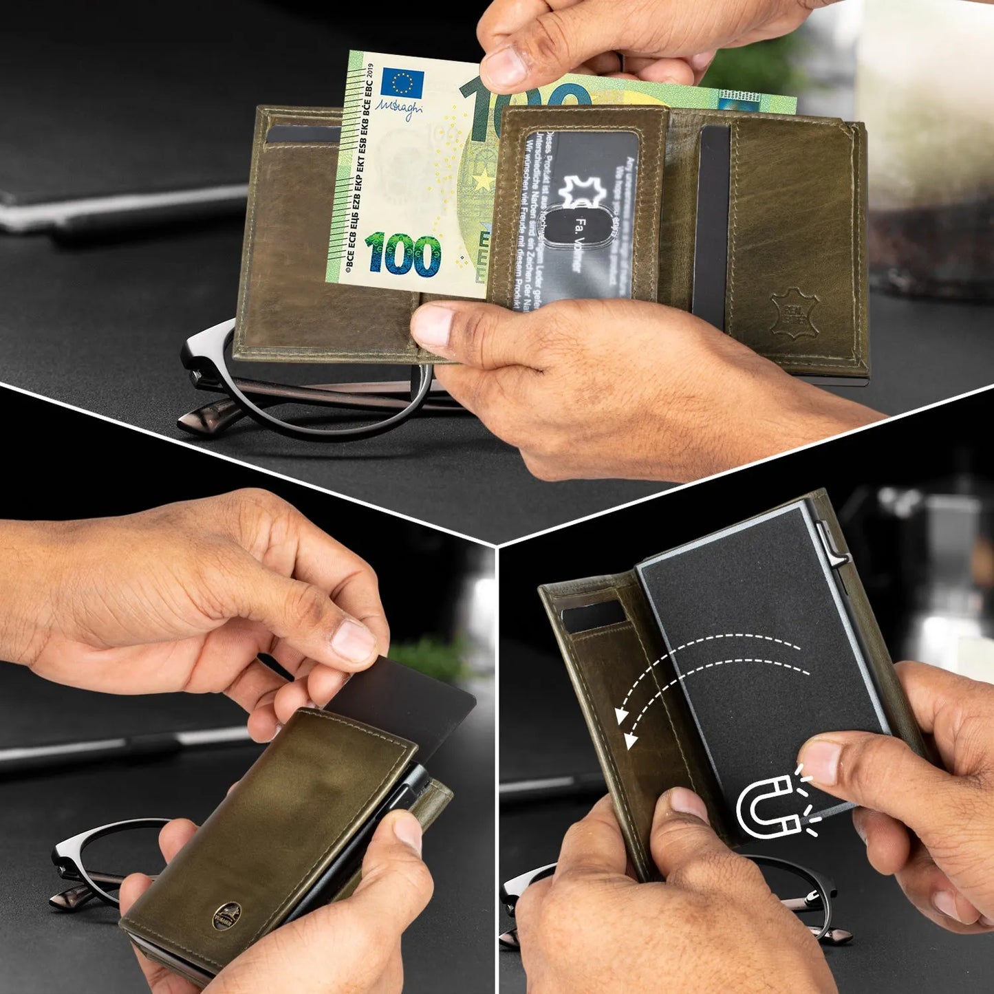 Fa.Volmer ® POP-UP Kartenetui mit Münzfach aus Echtleder für Herren & Damen | 11 Karten | RFID Schutz | Geldbörse
