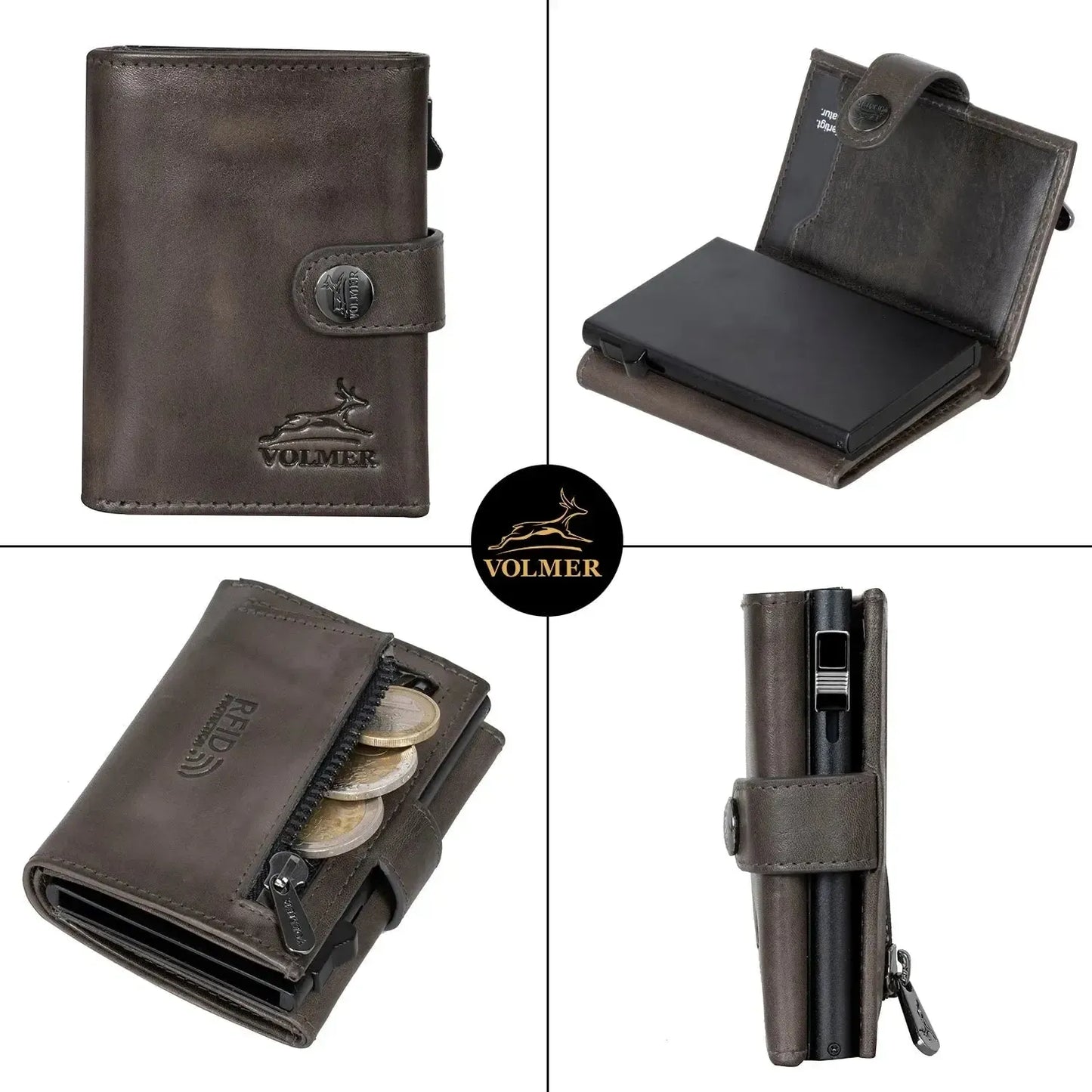 POP-UP Kartenetui mit Münzfach aus Leder – Platz für 12 Karten – Scheinfach – RFID-Schutz | VO45