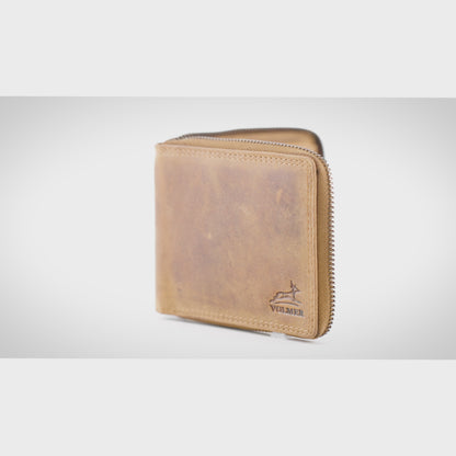 Cartera de piel para hombre con protección RFID - cremallera perimetral - gran compartimento para monedas - espacio para 9 tarjetas | VoZip