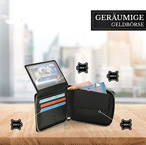 Leder Geldbörse Herren mit RFID-Schutz - umlaufender Reißverschluss - großes Münzfach mit Einkaufswagenchip-Halter |