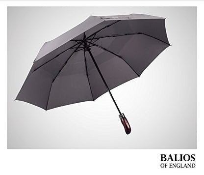 Automatik Taschen-Regenschirm mit Holzgriff – sturmfest & windsicher – Herren & Damen – Designed in Britain