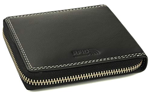 Leder Geldbörse Herren mit RFID-Schutz - umlaufender Reißverschluss - großes Münzfach mit Einkaufswagenchip-Halter |