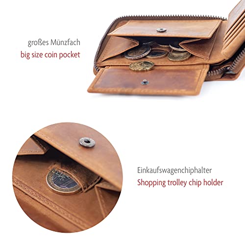 Leder Geldbörse Herren mit RFID-Schutz - umlaufender Reißverschluss - großes Münzfach mit Einkaufswagenchip-Halter |
