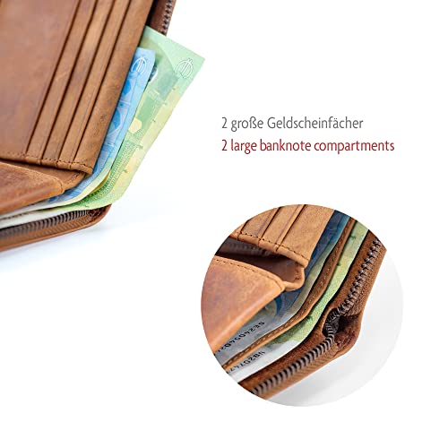 Leder Geldbörse Herren mit RFID-Schutz - umlaufender Reißverschluss - großes Münzfach mit Einkaufswagenchip-Halter |