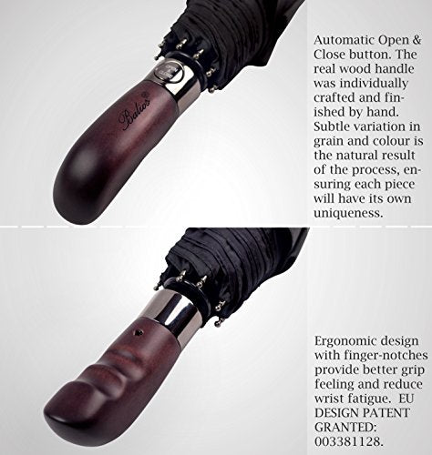 Automatik Taschen-Regenschirm mit Holzgriff – sturmfest & windsicher – Herren & Damen – Designed in Britain